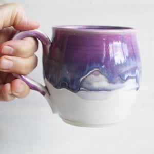 Image of Purple and White Pottery Mug with Dripping Artful Glaze, 14 Ounce Ceramic Mug, Made in USA