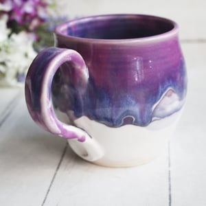 Image of Purple and White Pottery Mug with Dripping Artful Glaze, 14 Ounce Ceramic Mug, Made in USA