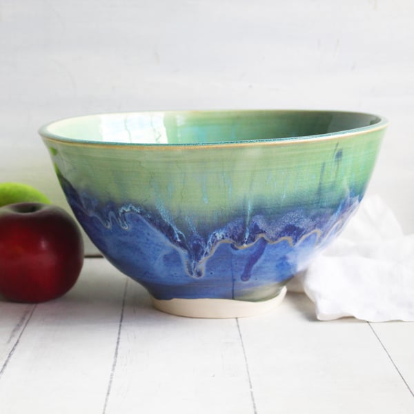 Image of Gorgeous Large Blue and Green Serving Bowl in Dripping Glazes, Made in USA