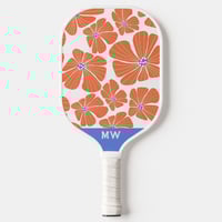 Image 2 of Custom Monogram Pickleball Paddle Cute Blue & Orange Retro Floral and Stripes