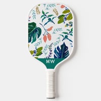 Image 2 of Custom Monogram Pickleball Paddle Cute Tropical Blue Green Palm & Floral and Stripes
