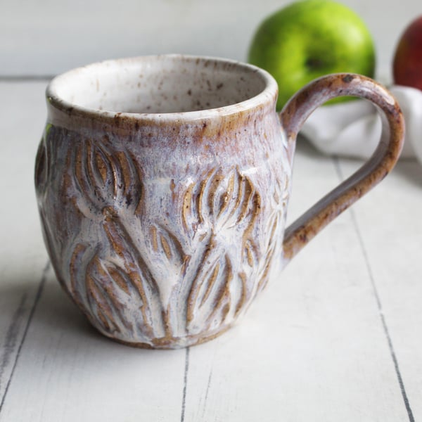 Image of Handcrafted Mug in Dripping White Glaze Over Speckled Stoneware , Hand Carved, Made in USA