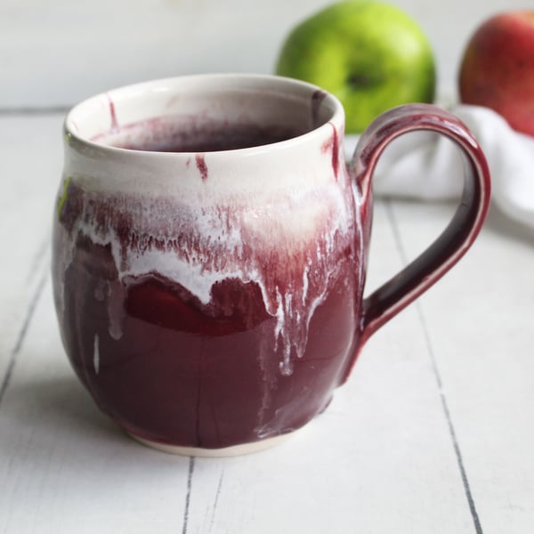 Image of Ox Blood Red Pottery Mug with White Dripping Glaze, 14 Ounce Handmade Coffee Cup, Made in USA