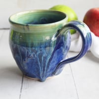 Image 3 of Blue and Green Pottery Mug with Dripping Glazes, 14 oz. Coffee Cup, Handmade in USA