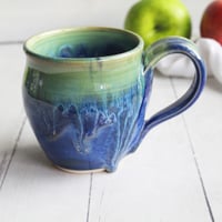Image 2 of Blue and Green Pottery Mug with Dripping Glazes, 14 oz. Coffee Cup, Handmade in USA