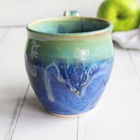 Image 5 of Blue and Green Pottery Mug with Dripping Glazes, 14 oz. Coffee Cup, Handmade in USA