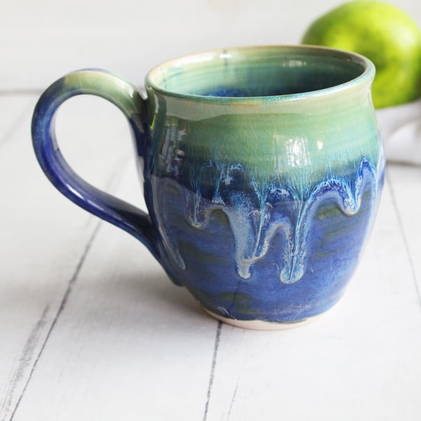 Image of Blue and Green Pottery Mug with Dripping Glazes, 14 oz. Coffee Cup, Handmade in USA