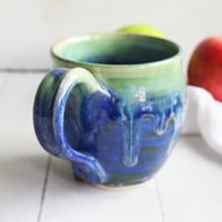 Image 4 of Blue and Green Pottery Mug with Dripping Glazes, 14 oz. Coffee Cup, Handmade in USA