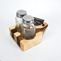 Image 1 of Due Salt and Pepper Shaker holder and mini Walnut and Maple Cutting Board on the flip side