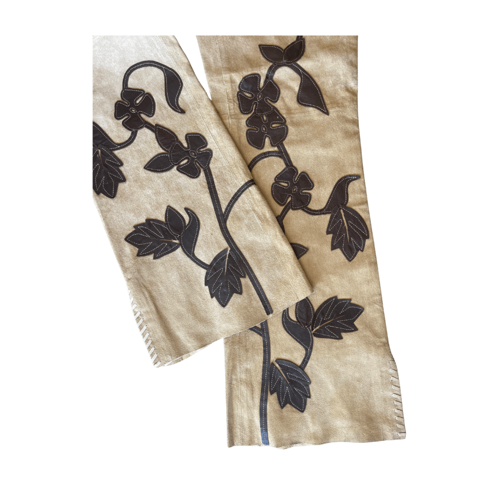 Image of CACHE TAN SUEDE FLORAL FLARE PANTS