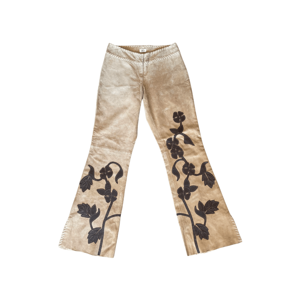 Image of CACHE TAN SUEDE FLORAL FLARE PANTS