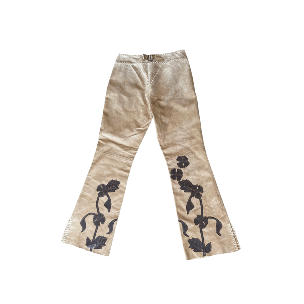 Image of CACHE TAN SUEDE FLORAL FLARE PANTS