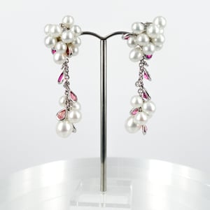 Image of 18ct white gold kashi pearl, pink tourmaline and diamond drop earrings. CP0947