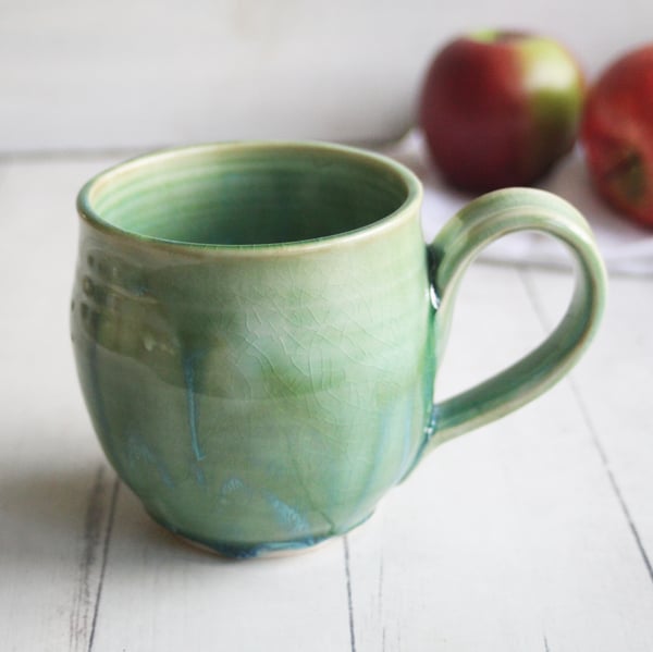 Image of Crackle Green Pottery Mug, 15 Ounce Handmade Coffee Cup, Made in USA