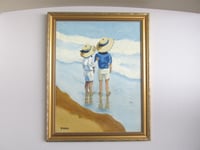 Image 1 of Vintage Oil Painting, Sunhats by S Kirk (aft Goethem) Beach Children, Frame Size 20 1/4 x 16 1/4 ins