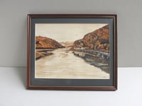 Image 1 of Vintage Watercolour Painting, Landscape Riverside Road, Signed, Framed Size 12 6/10 x 10 6/10 ins   