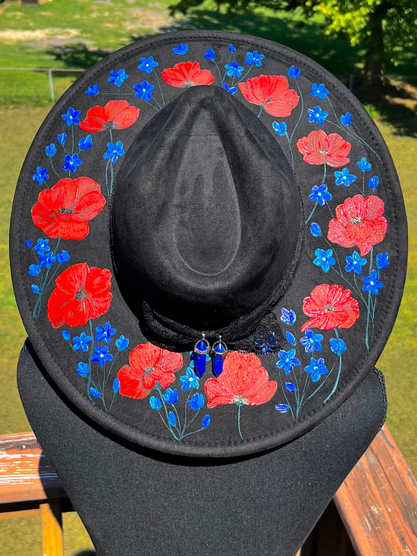 Image of Hand Painted Poppy and Forget Me Not Hat