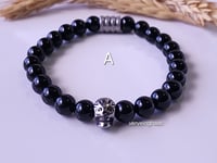 Image 1 of Men Black Onyx Skull  Bracelet/ Beaded Skull Stretch Bracelet