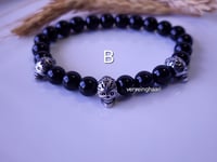 Image 2 of Men Black Onyx Skull  Bracelet/ Beaded Skull Stretch Bracelet