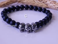 Image 3 of Men Black Onyx Skull  Bracelet/ Beaded Skull Stretch Bracelet