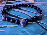 Image 5 of Men Black Onyx Skull  Bracelet/ Beaded Skull Stretch Bracelet