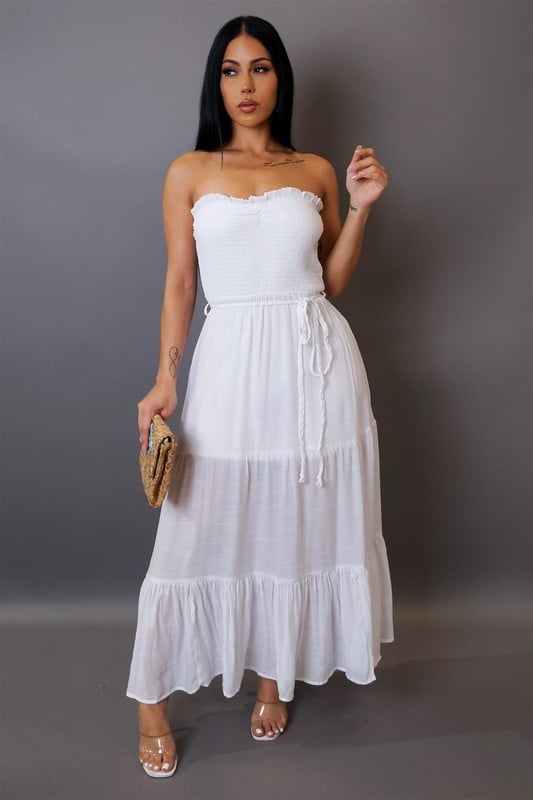White Linen Dress w/Waist Tie | TREND White Linen Dress w/Waist Tie | TREND