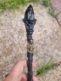 Image 1 of Black Obsidian crystal wolf Wooden wand
