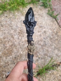 Image 2 of Black Obsidian crystal wolf Wooden wand