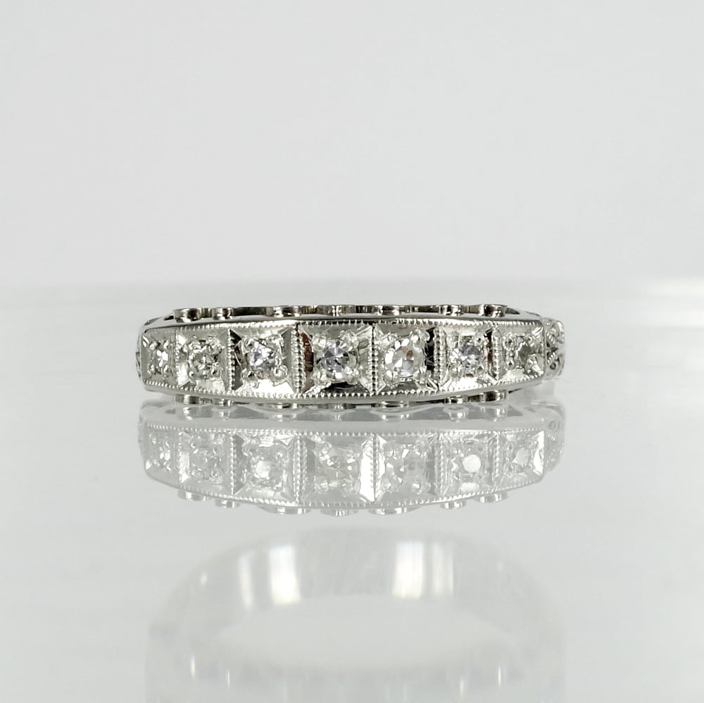 Image of 18ct white gold antique style diamond set eternity ring. SHLMP