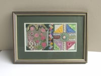 Image 1 of Vintage Abstract Geometric Floral Embroidery, Textile Wall Art in Frame Sized 16 x 11 ins