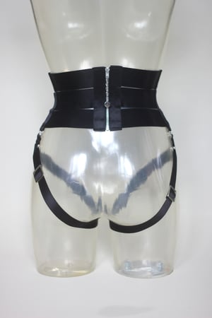 Image of MADE TO ORDER - Celestial Elastic waist cincher and garters in black satin (Size XS - XL)