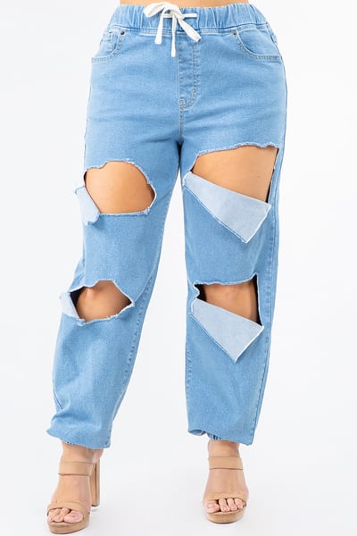 Image of 3PACK PLUS SIZE HIGH WAIST CUT OUT DENIM JOGGERS-LIGHT