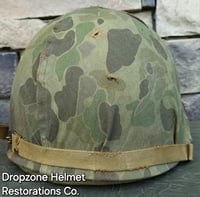 Image 6 of WWII M1 USMC Helmet McCord Fixed bale & rayon Hawley Liner. 1st Pattern Camo Cover.