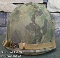 Image 8 of WWII M1 USMC Helmet McCord Fixed bale & rayon Hawley Liner. 1st Pattern Camo Cover.