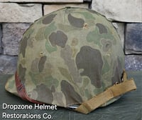 Image 2 of WWII M1 USMC Helmet McCord Fixed bale & rayon Hawley Liner. 1st Pattern Camo Cover.