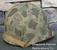 Image 4 of WWII M1 USMC Helmet McCord Fixed bale & rayon Hawley Liner. 1st Pattern Camo Cover.