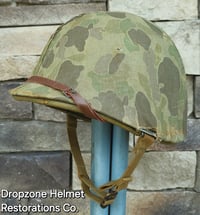 Image 1 of WWII M1 USMC Helmet McCord Fixed bale & rayon Hawley Liner. 1st Pattern Camo Cover.