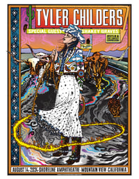 Image 2 of Tyler Childers 8/14/2024 - Shoreline Amphitheatre, Mountain View, CA. Artwork by Caitlin Mattisson.