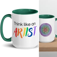 Think Like an Artist mug with rainbow mandala on back