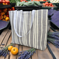 Image 2 of Handprinted French Stripe Extra Large Tote (Blue/Natural)