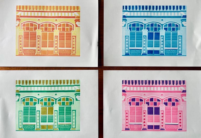 Singapore Shophouse Windows (Handmade relief print)
