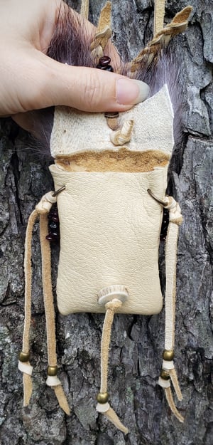 Image of Deerskin and Black Wolf Pouch with Gemstones