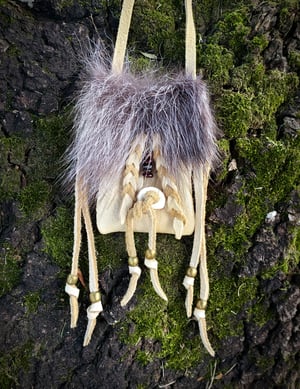 Image of Deerskin and Black Wolf Pouch with Gemstones