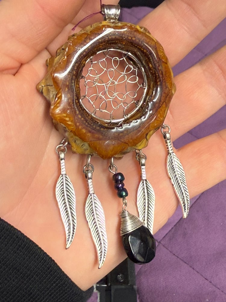Image of Dreamcatcher Pinecone Charm with Feather Charms | Handmade PNW Resin Jewelry | #114
