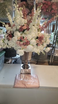 Image 1 of DARK MAUVE PINK AND WHITE ROSES  SILK FLOWERS 