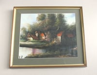 Image 2 of Vintage Painting, Woodland Riverside Mill Cottages by Wallace, Framed Size 15 1/10 x 13 1/10 ins 