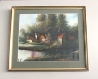 Image 1 of Vintage Painting, Woodland Riverside Mill Cottages by Wallace, Framed Size 15 1/10 x 13 1/10 ins 