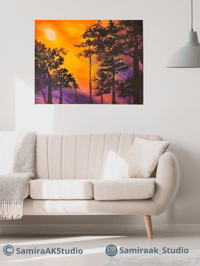 Image 4 of Colorful Sunset and forest acrylic painting on Canvas,  Acrylic Painting by Samira