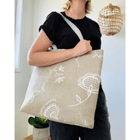 Image 1 of Handprinted Bohemian Blooms Extra Large Tote (Natural Linen)