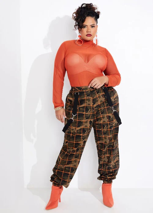 Image of  3PACK PLUS SIZE CAMO GRID PRINTED JOGGER PANTS W/SUSPENDERS